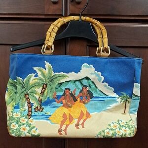 Bueno Blue Tropical Tote with Bamboo Handles